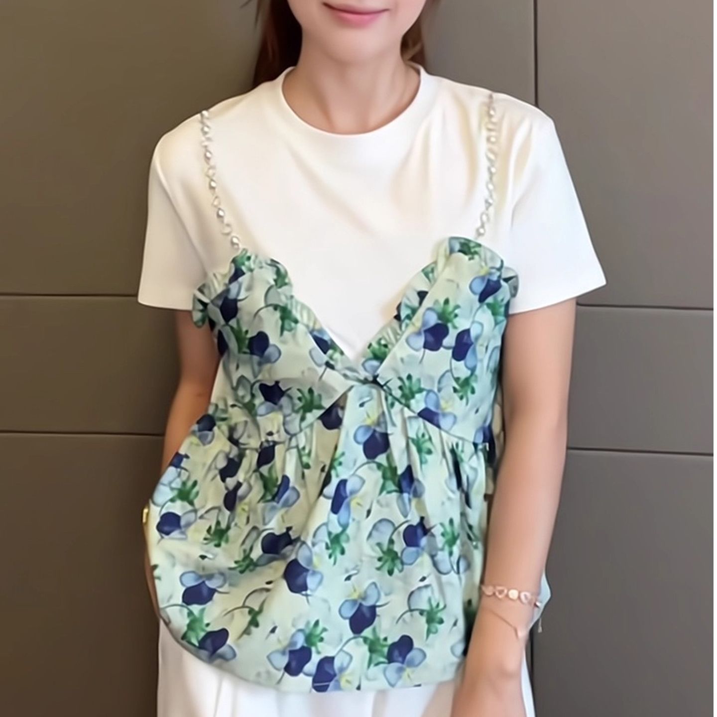 MY10725# 独特女装遮肚子假两件碎花短袖t恤女夏季胖妹妹宽松显瘦百搭...