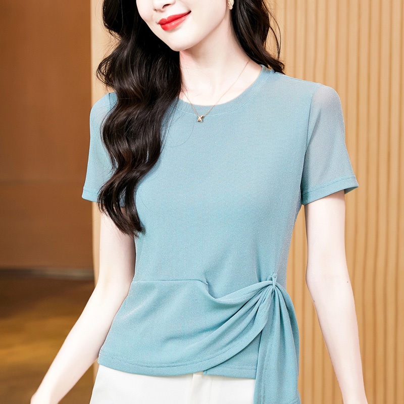 MY13096# 新款气质百搭圆领纯色网纱大码短袖打底上衣t恤女女裝貨源服...