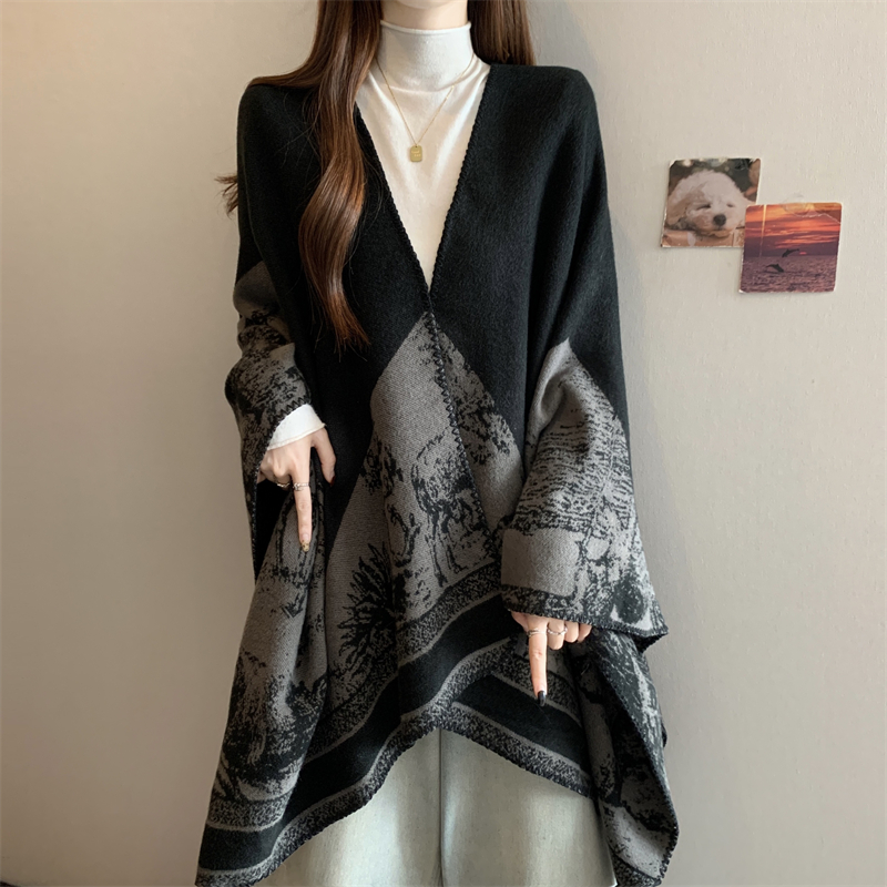 MY14814# 大码高品质仿羊绒国风大披肩秋冬季时尚开叉斗篷披风围巾女裝...