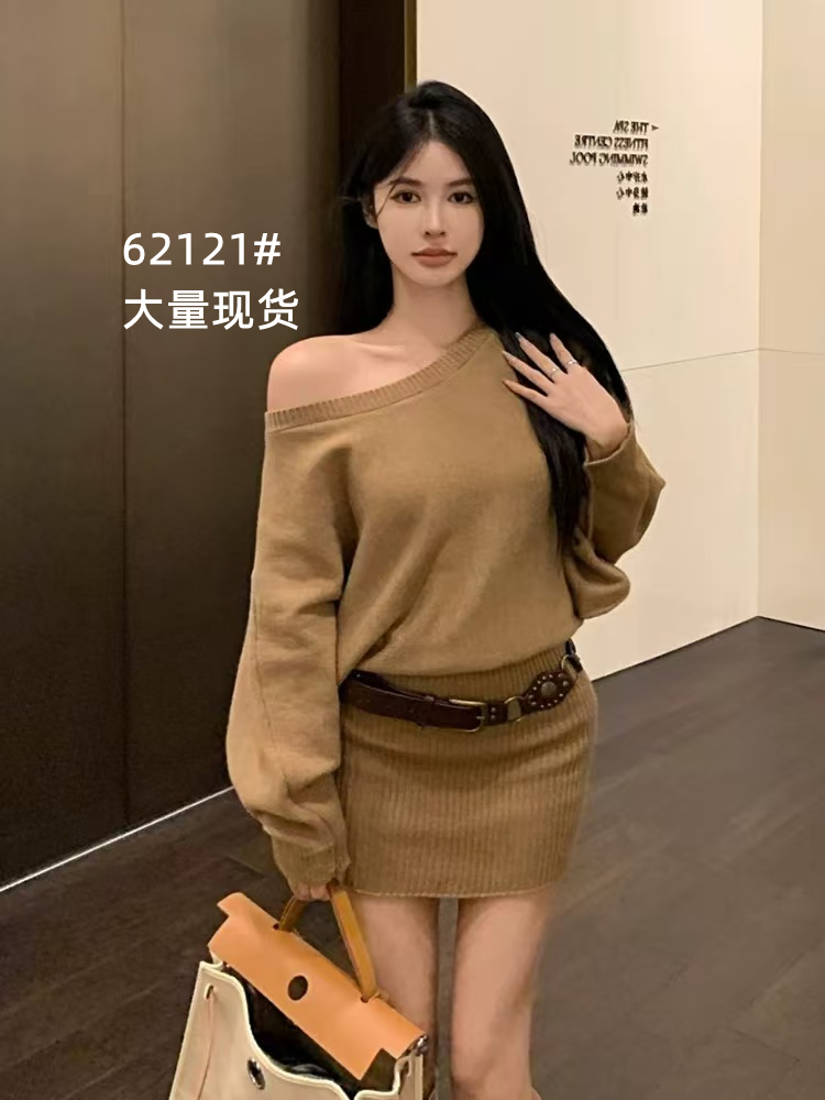 MY70222# 新款气质辣妹名媛风针织连衣裙子女配腰带中长款收腰包臀短裙...