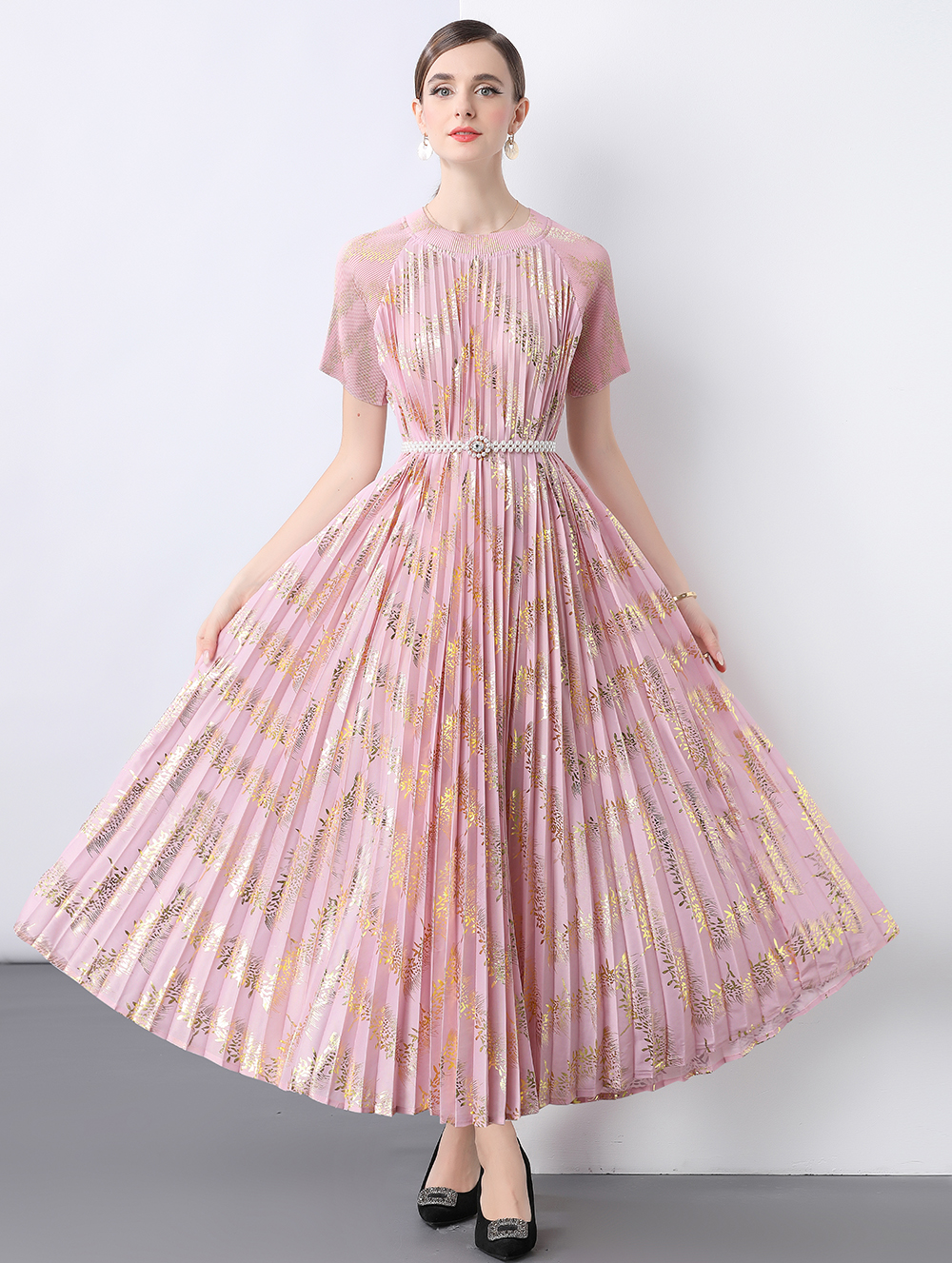 MY9267# 三宅皱褶 喷金大摆连衣裙女裝貨源服裝批發