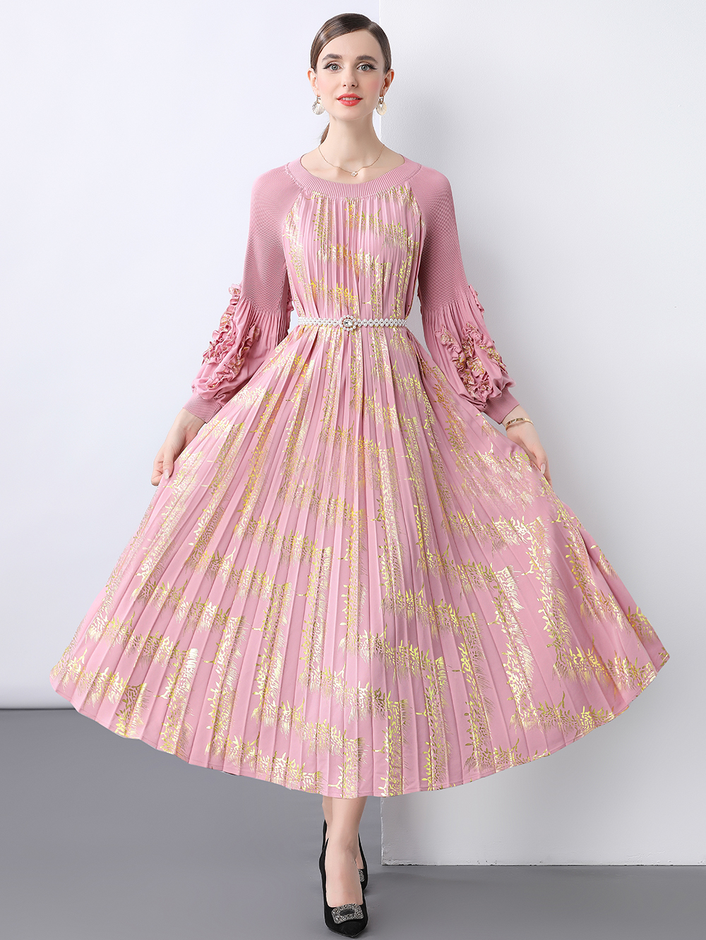 MY10913# 工厂直营 三宅皱褶 喷金大摆连衣裙女裝貨源服裝批發