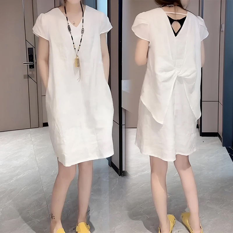 MY9908# 夏季新款轻奢时尚蝴蝶结荷花袖连衣裙女宽松显瘦洋气中长裙女裝貨源服裝批發