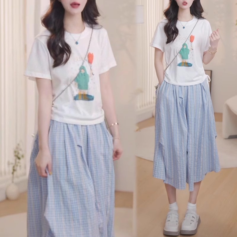 MY11215# 小清新少女套装夏季卡通印花短袖t恤格纹阔腿休闲裤两件套女...
