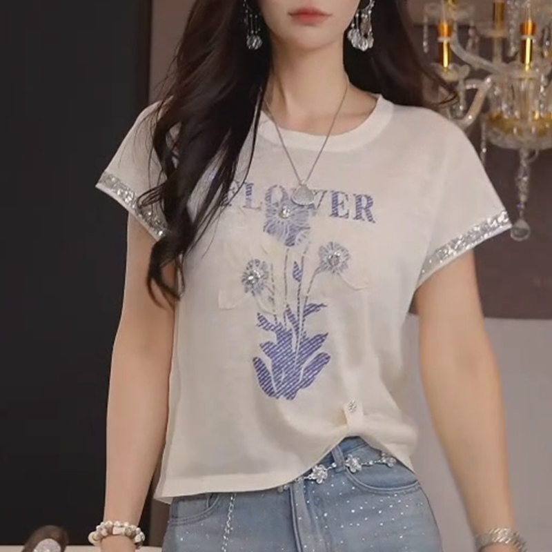 MY11214# 夏季薄款钉钻蕾丝花朵拼接气质短袖针织上衣女裝貨源服裝批發