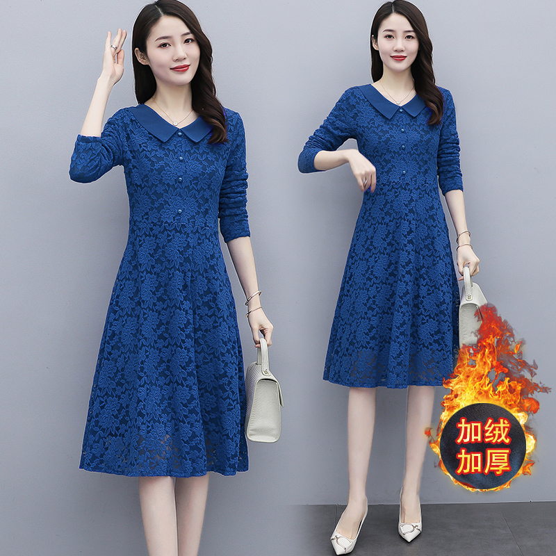 MY15443# 加绒加厚蕾丝连衣裙新款韩版显瘦减龄长袖a字裙女裝貨源服裝批發