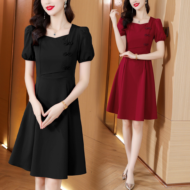 RY2976# 实拍新中式短袖连衣裙女2026夏季新款洋气显瘦收腰泡泡袖中...