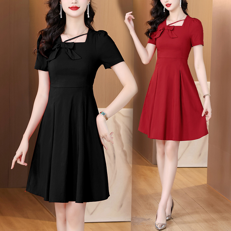 RY2977# 实拍2026夏季新款时尚短袖气质连衣裙女收腰遮肚显瘦a字法...