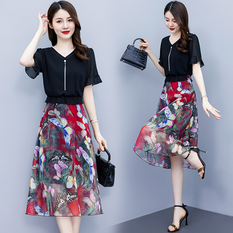 RY2973# 实拍2026夏装新款连衣裙女气质显瘦韩版修身假两件印花过膝...