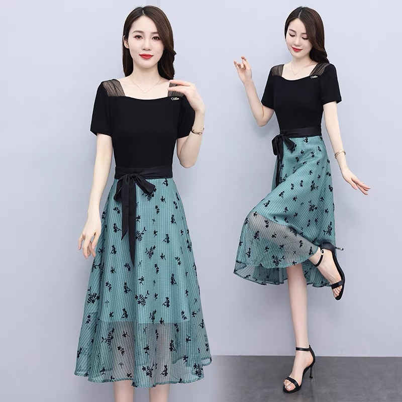 RY2971# 实拍方领印花连衣裙女夏装2026年新款收腰系带拼接过膝通勤...