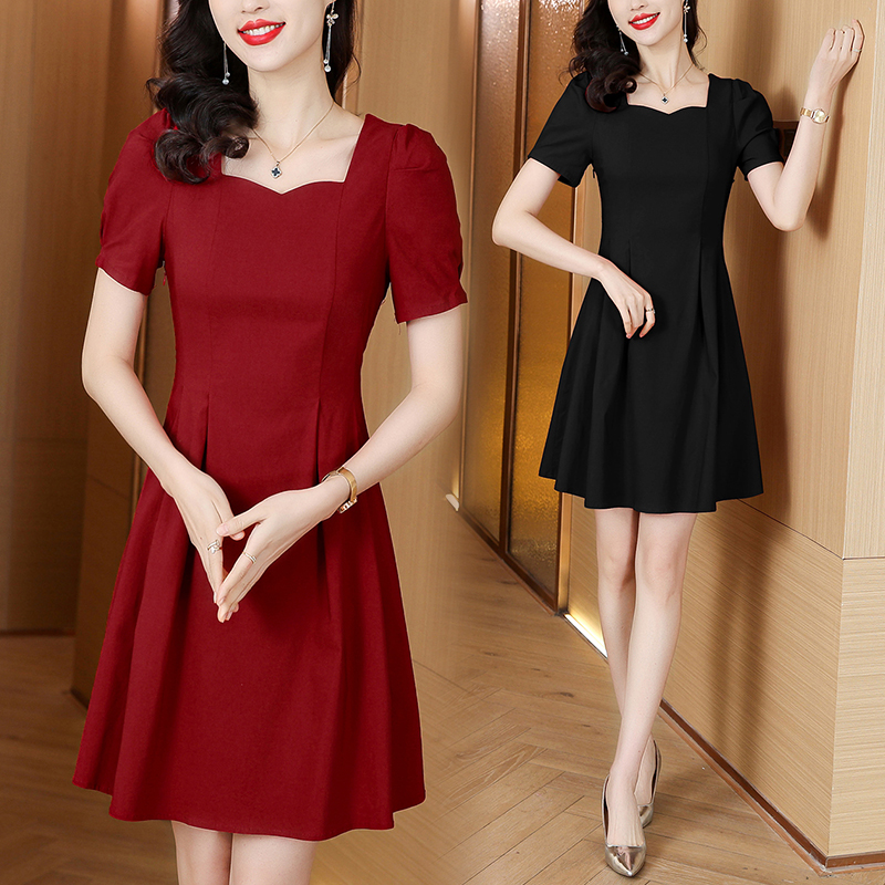 RY2970# 实拍红色短袖气质连衣裙女2026夏季款时尚收腰显瘦a字法式...