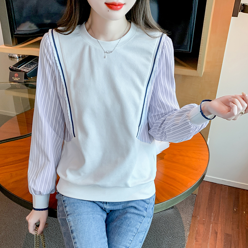 MY13966# 新款假两件复古条纹卫衣设计感长袖修身显瘦圆领上衣女裝貨源...