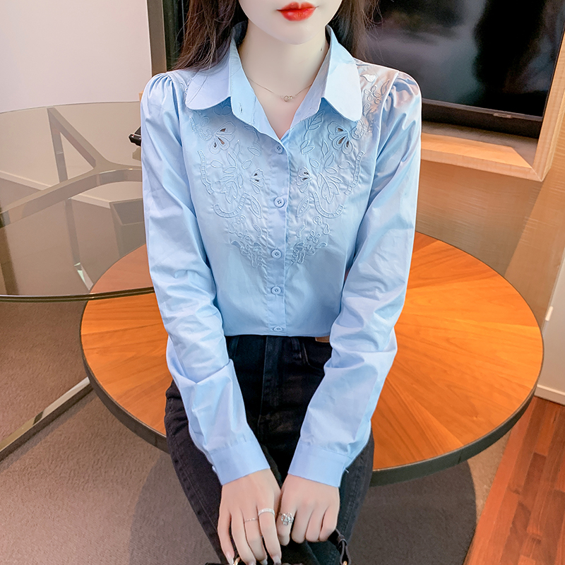 MY13965# 新款气质国风绣长袖衬衫别致泡泡袖翻领上衣女裝貨源服裝批發