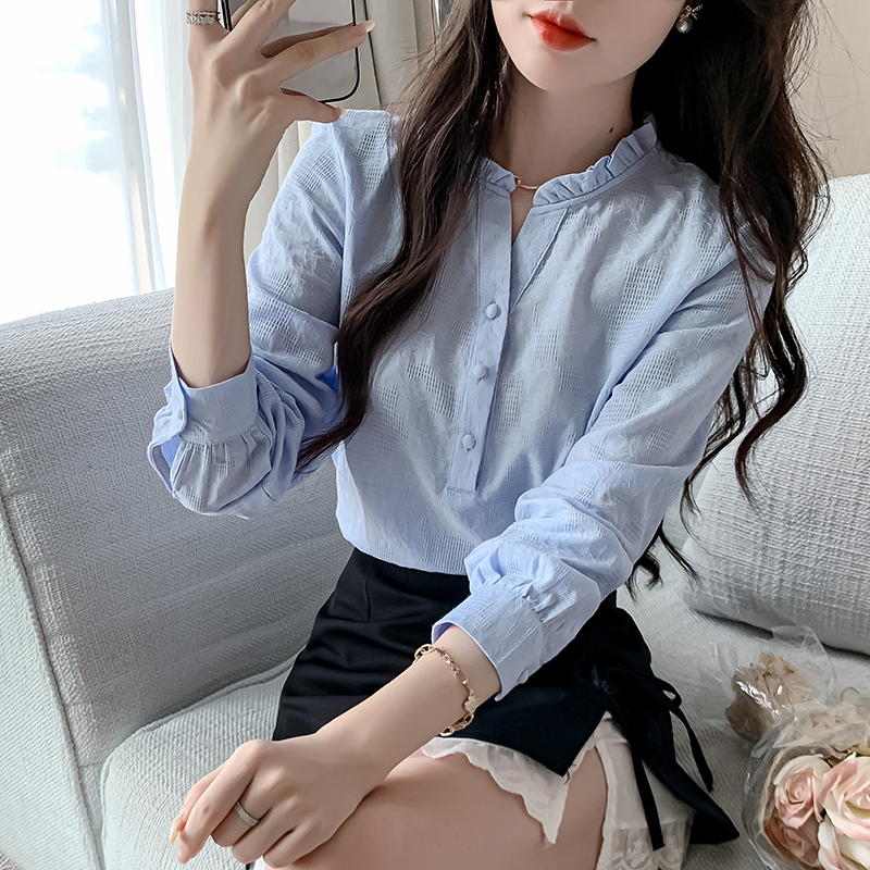 MY13964# 新款质感正肩肌理减龄长袖衬衫气质通勤百搭上衣女裝貨源服裝...