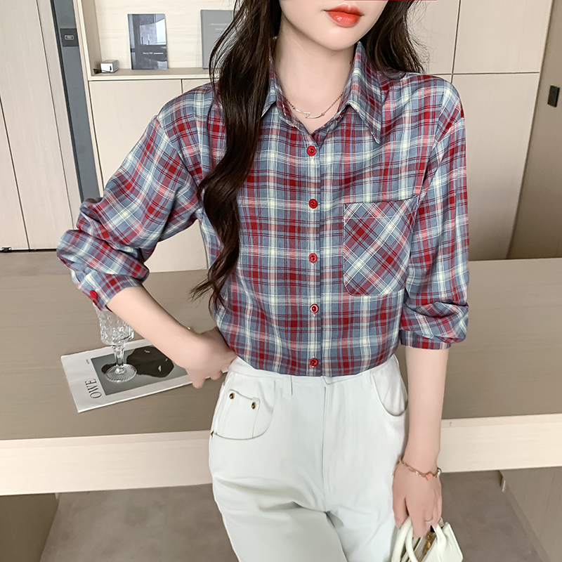 MY13962# 复古风格纹长袖衬衫新款中长款宽松百搭上衣女裝貨源服裝批發