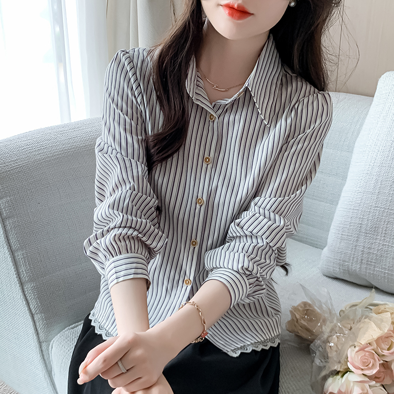 MY13961# 蕾丝拼接条纹长袖衬衫新款法式设计小众休闲上衣女裝貨源服裝...