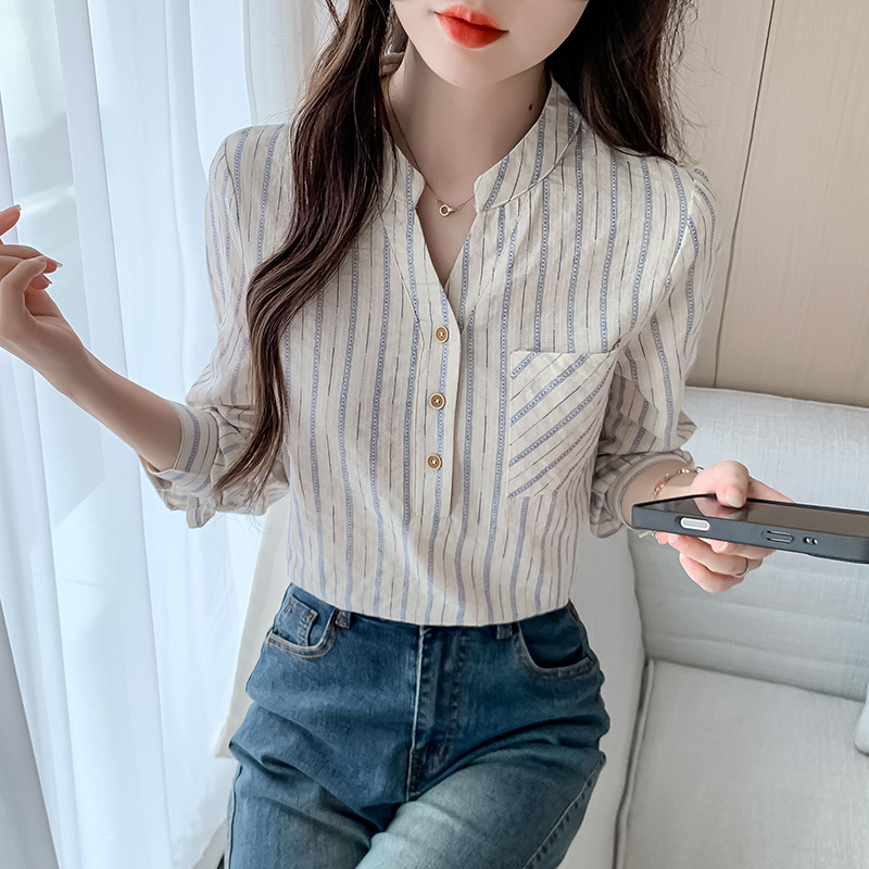 MY13960# 新款简约百搭条纹套头衬衫气质通勤立领长袖上衣女裝貨源服裝...