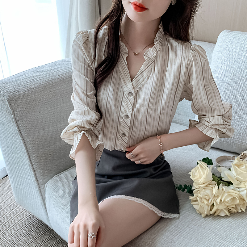 MY13959# 新款简约百搭条纹套头衬衫气质通勤V领长袖上衣女裝貨源服裝...