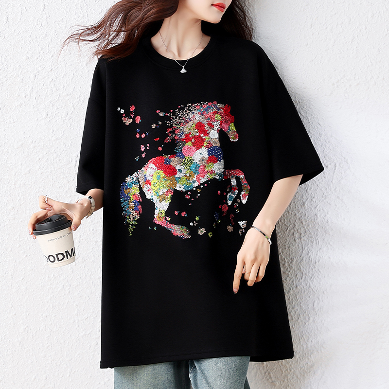 RY1583# 实拍2026夏季新款彩色亮钻小马气质休闲印花短袖T恤宽松大...