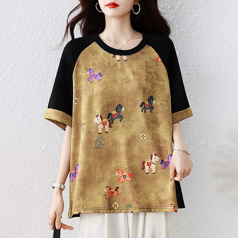 RY3312# 实拍2026夏季新款大码时尚宽松显瘦国风拼接提花撞色印花T...