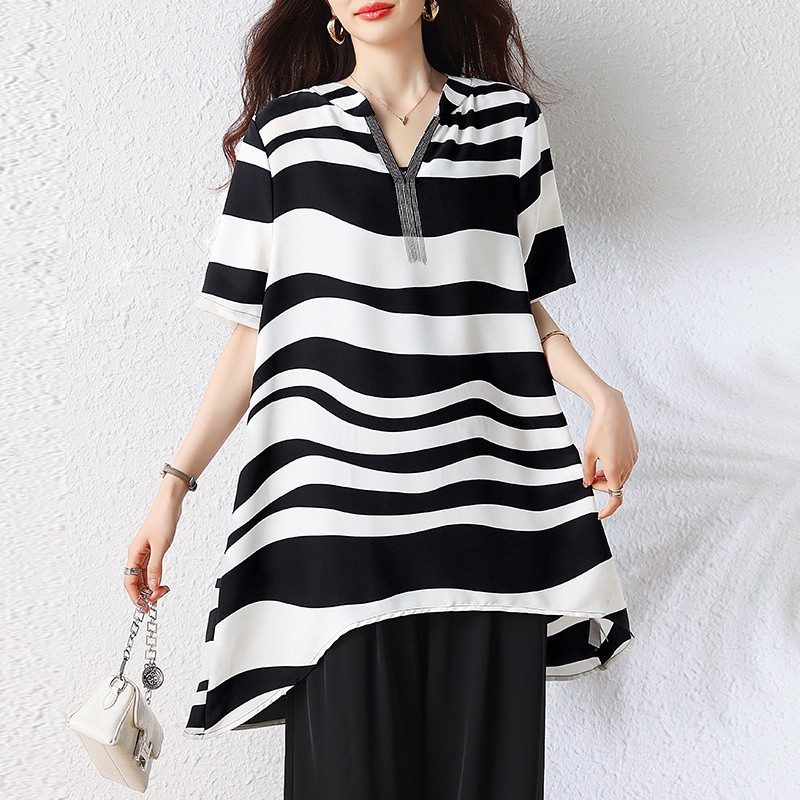 RY3310# 实拍2026夏季新款流苏宽松黑白条气质短袖中长款时尚衬衫上...