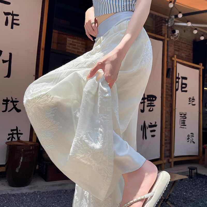 實拍 刺繡設計感闊腿褲2025高腰顯瘦松緊腰綁帶垂感國風休閑褲