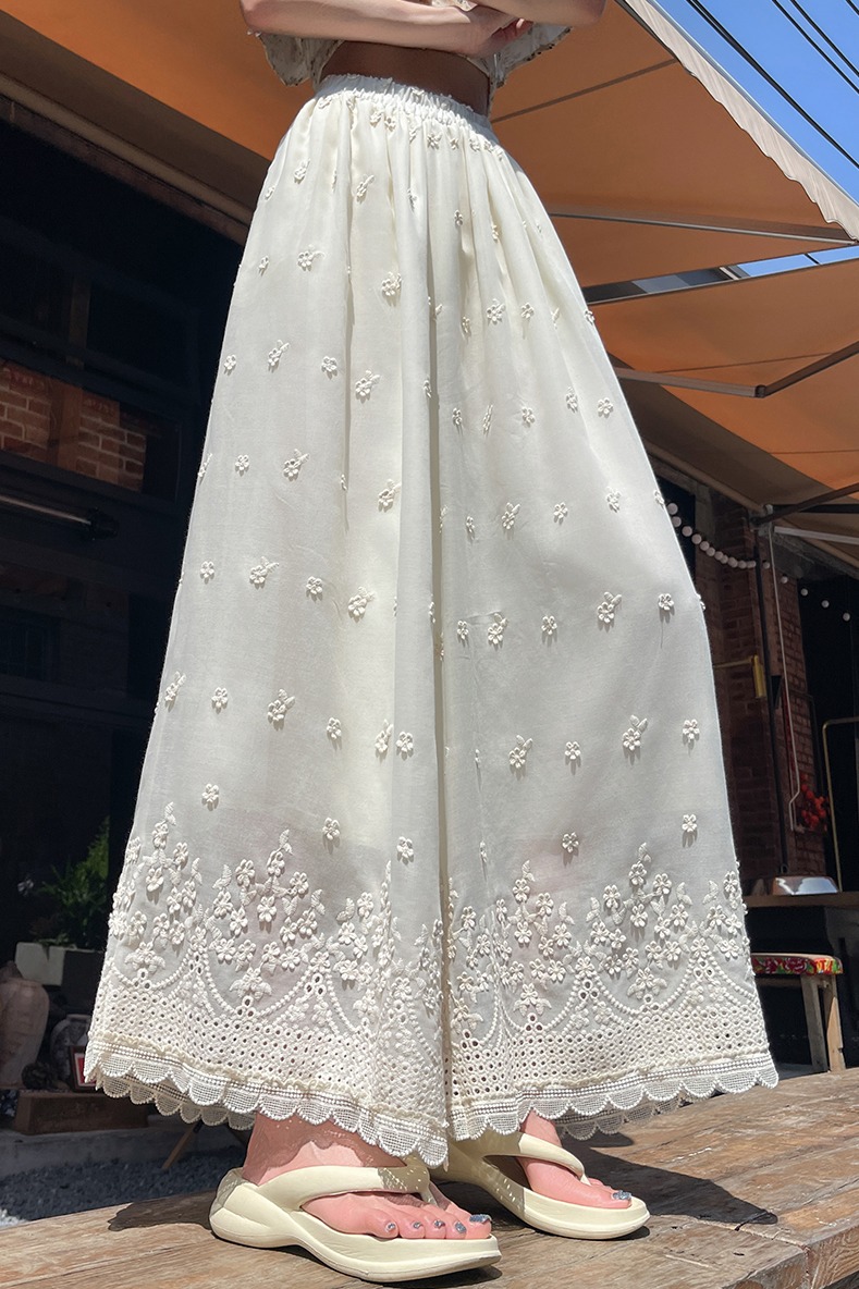 實拍 刺繡鏤空闊腿褲高腰顯瘦松緊腰荷葉邊褲腳垂感九分褲休閑褲