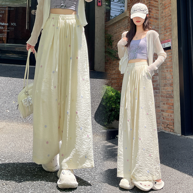 實拍冰絲棉麻刺繡小花朵闊腿褲女夏季寬松直筒垂感拖地休閑直筒褲