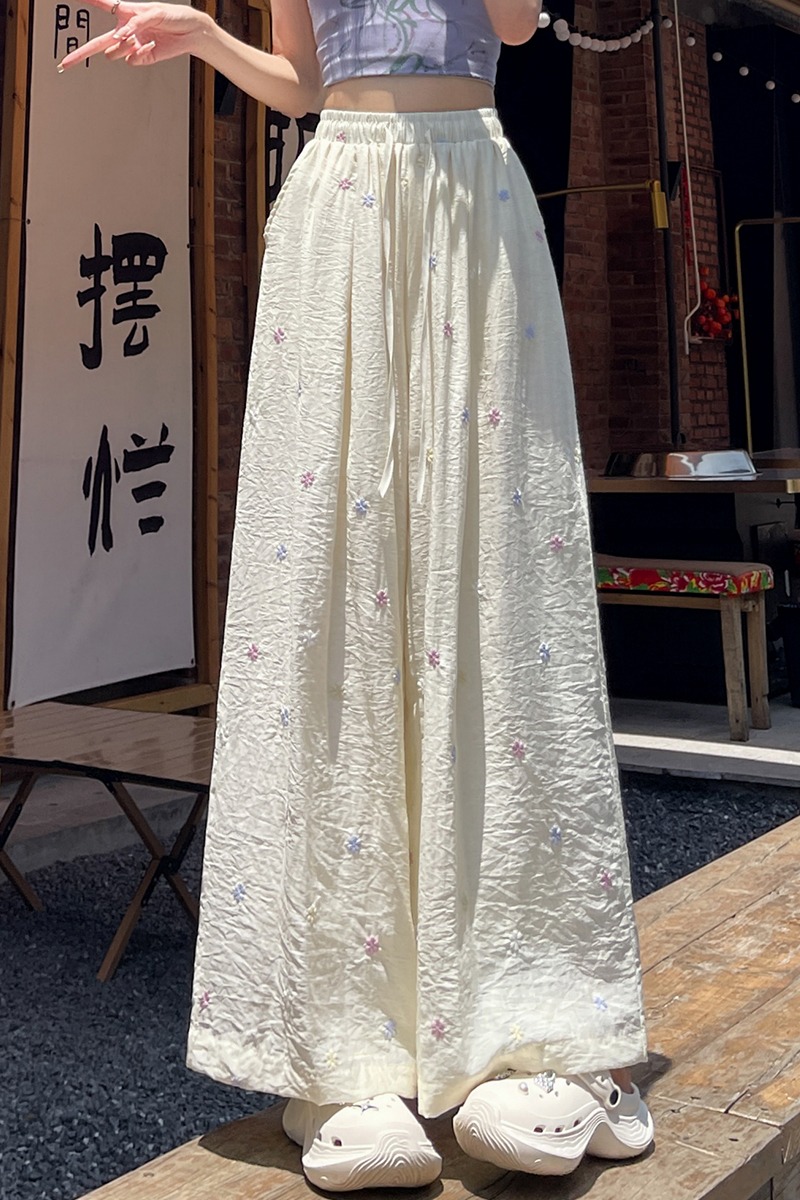 實拍冰絲棉麻刺繡小花朵闊腿褲女夏季寬松直筒垂感拖地休閑直筒褲