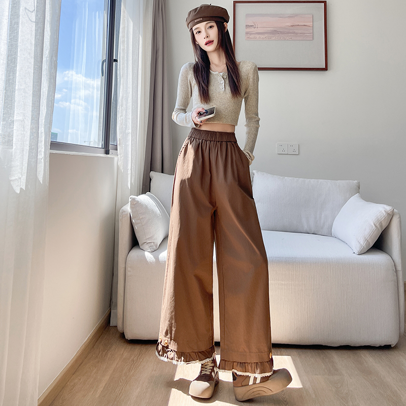 實拍木耳拼接洗水棉闊腿褲女2025秋季高腰顯瘦寬松九分休閑直筒褲