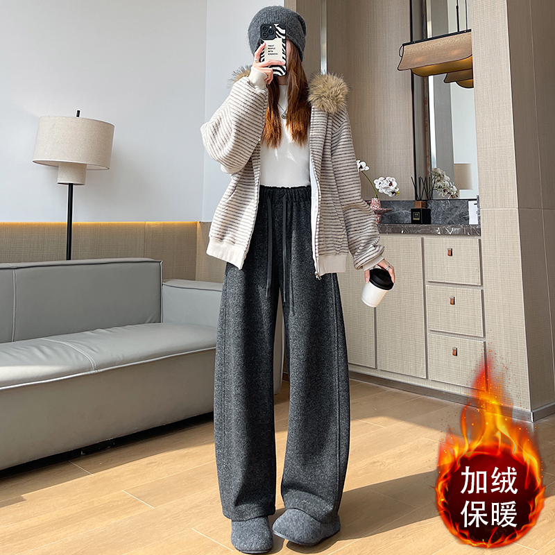 實拍加絨羊絨香蕉運動褲女秋冬慵懶休閑闊腿鐮刀褲垂感直筒彎刀褲