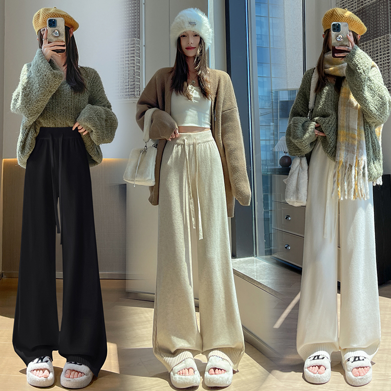 實拍軟糯提花針織闊腿褲女2025秋冬新款高腰顯瘦慵懶垂感休閑褲子