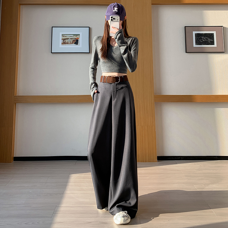 實拍西裝闊腿褲女2026春季高腰墜感休閑褲子拖地直筒拖地褲送皮帶
