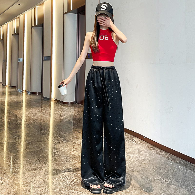 實拍 醋酸緞面休閑闊腿褲女2026燙鉆抽繩高腰垂感直筒寬松拖地褲