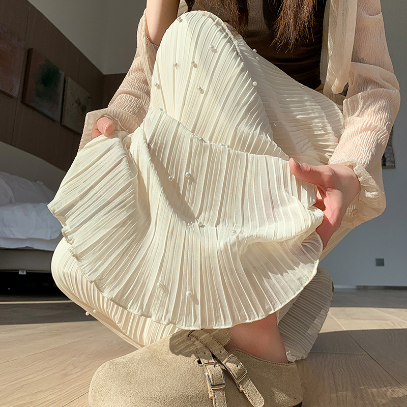 實拍冰絲雪紡闊腿褲女2026釘珠壓褶涼涼褲高腰垂感休閑直筒拖地褲