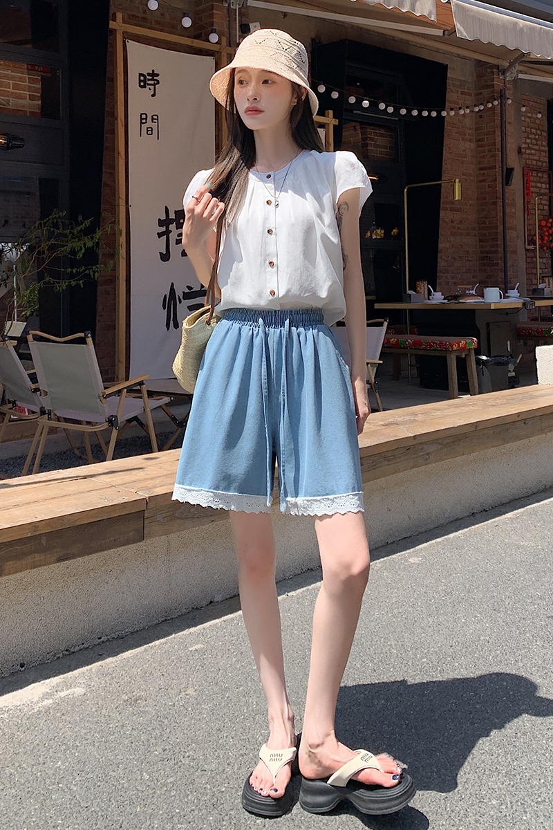 實拍闊腿牛仔褲女2026高腰蕾絲花邊休閑短褲寬松百搭直筒五分褲潮