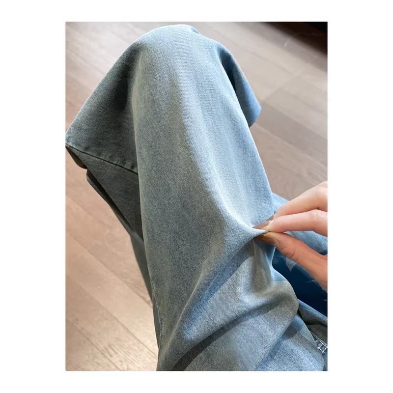 小紅書同款復古藍天絲牛仔女垂感直筒寬松慵懶松弛感褲子冰絲
