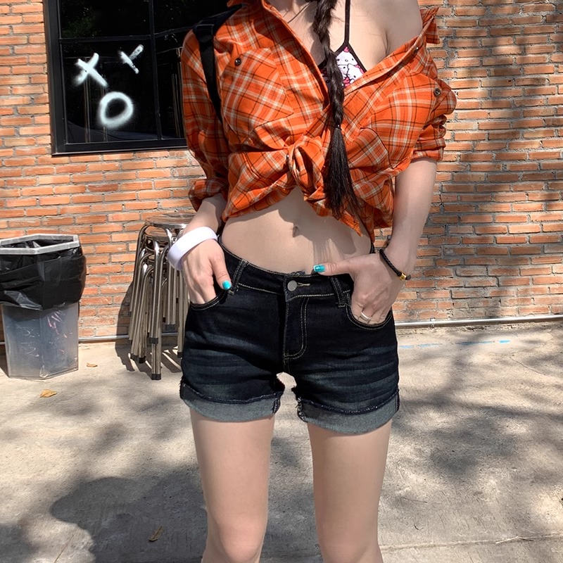弄格美式復古牛仔短褲女2026夏季新款辣妹低腰豐胯熱褲翻邊褲子