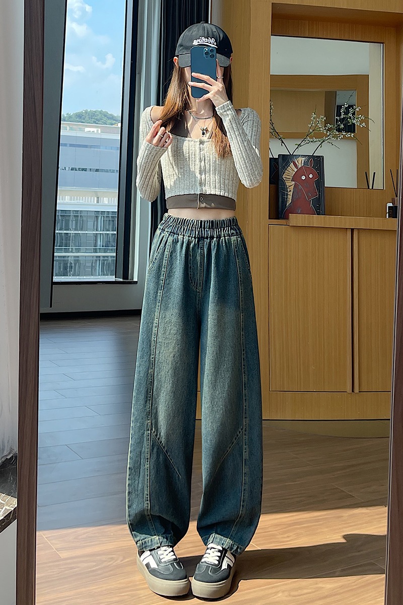 實拍春季新款鐮刀牛仔褲女寬松顯瘦梨形身材垂感懷舊風闊腿彎刀褲