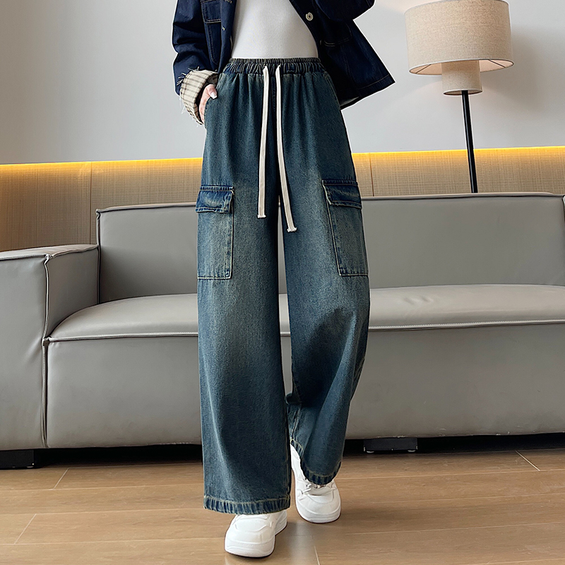 實拍美式街頭做舊抽繩松緊腰牛仔褲男女潮牌寬松闊腿褲學院風長褲
