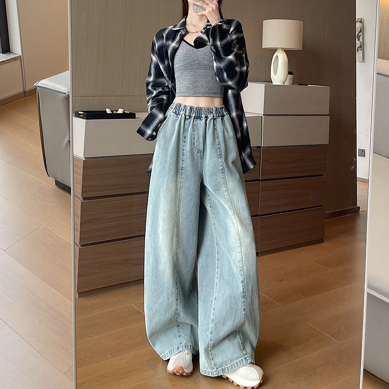 實拍拼接彎刀牛仔褲女春季2026新款小個子顯瘦慵懶寬松闊腿褲女