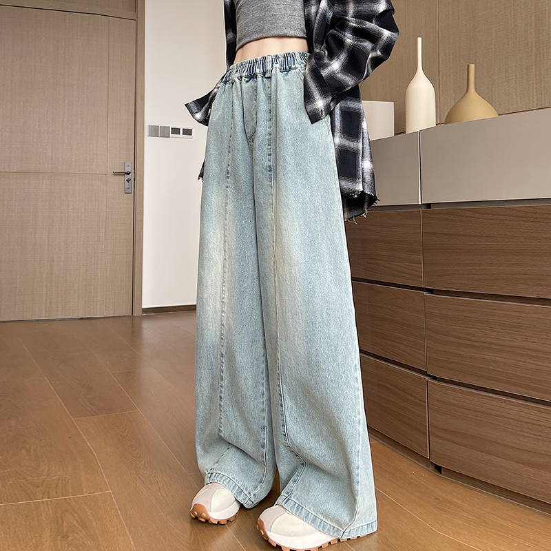 實拍拼接彎刀牛仔褲女春季2026新款小個子顯瘦慵懶寬松闊腿褲女