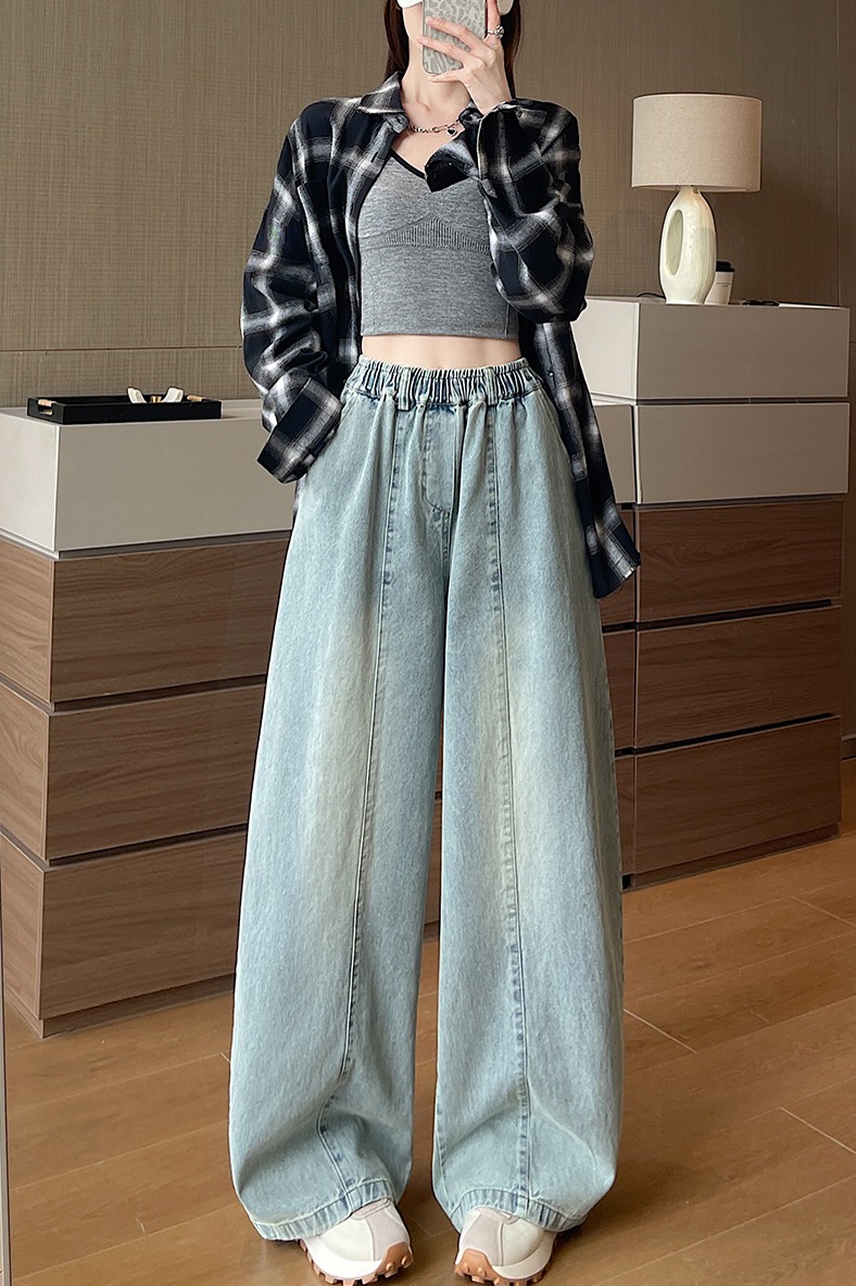 實拍拼接彎刀牛仔褲女春季2026新款小個子顯瘦慵懶寬松闊腿褲女