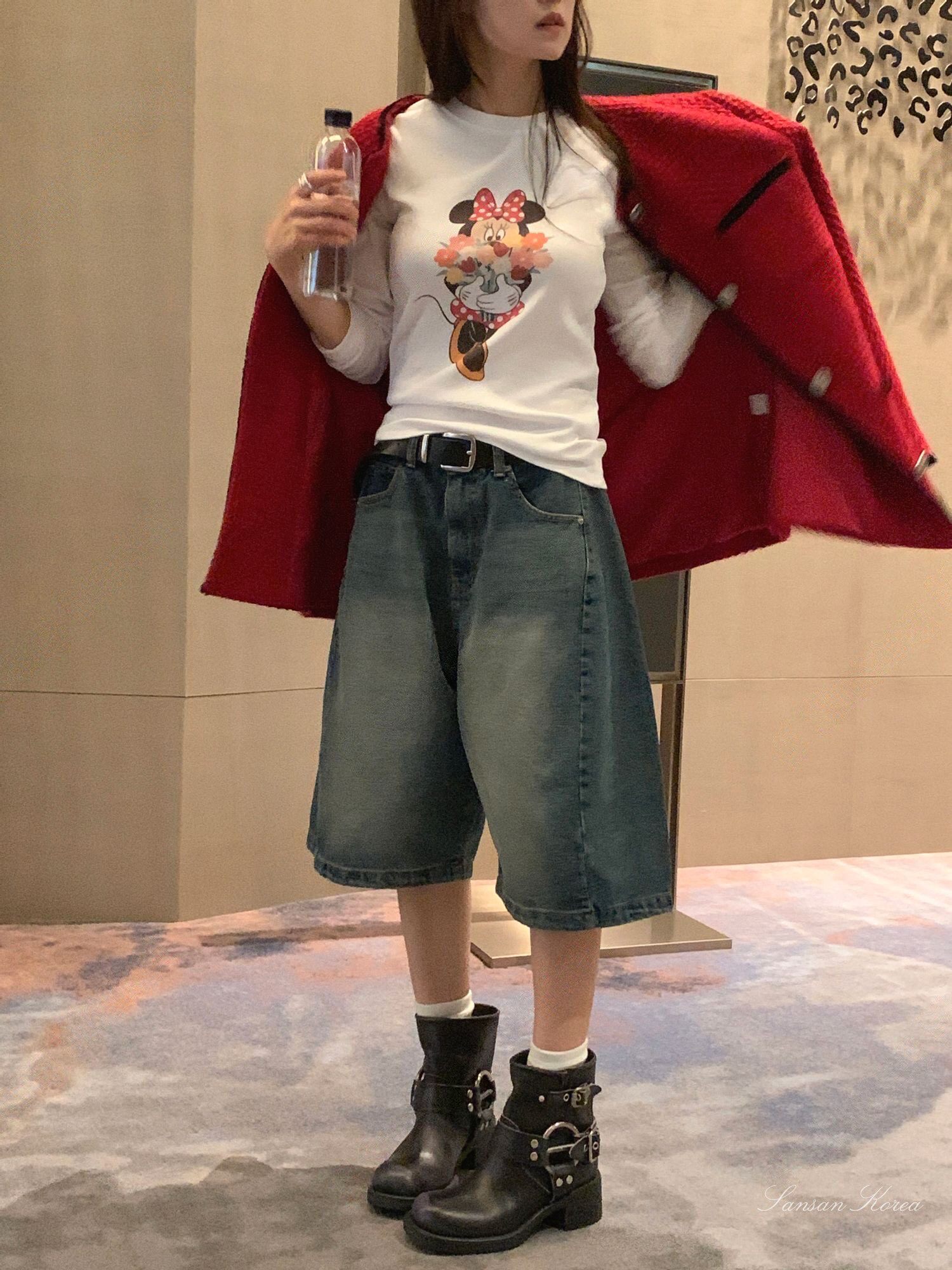 金靖同款牛仔中褲美式復古闊腿日常休閑五分褲男女夏寬松直筒短褲