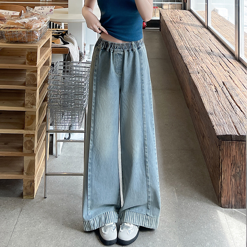 實拍翻邊拼色藍闊腿牛仔褲女2026春季超火小個子卷邊闊腿長褲子女