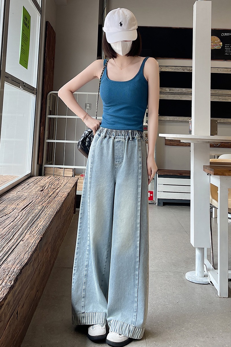 實拍翻邊拼色藍闊腿牛仔褲女2026春季超火小個子卷邊闊腿長褲子女
