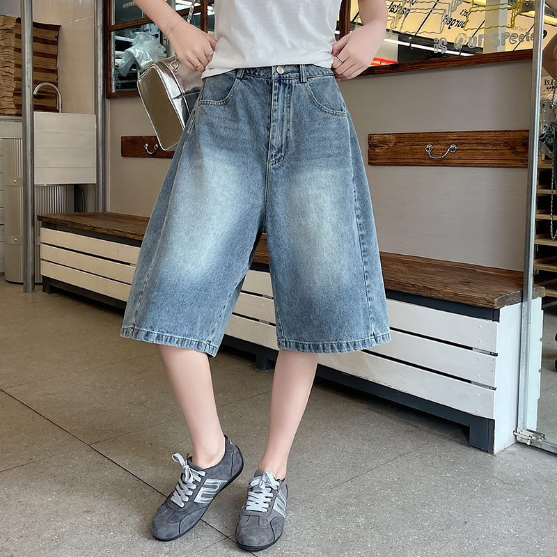 實拍牛仔中褲美式復古闊腿日常休閑五分褲男女夏寬松直筒短褲女