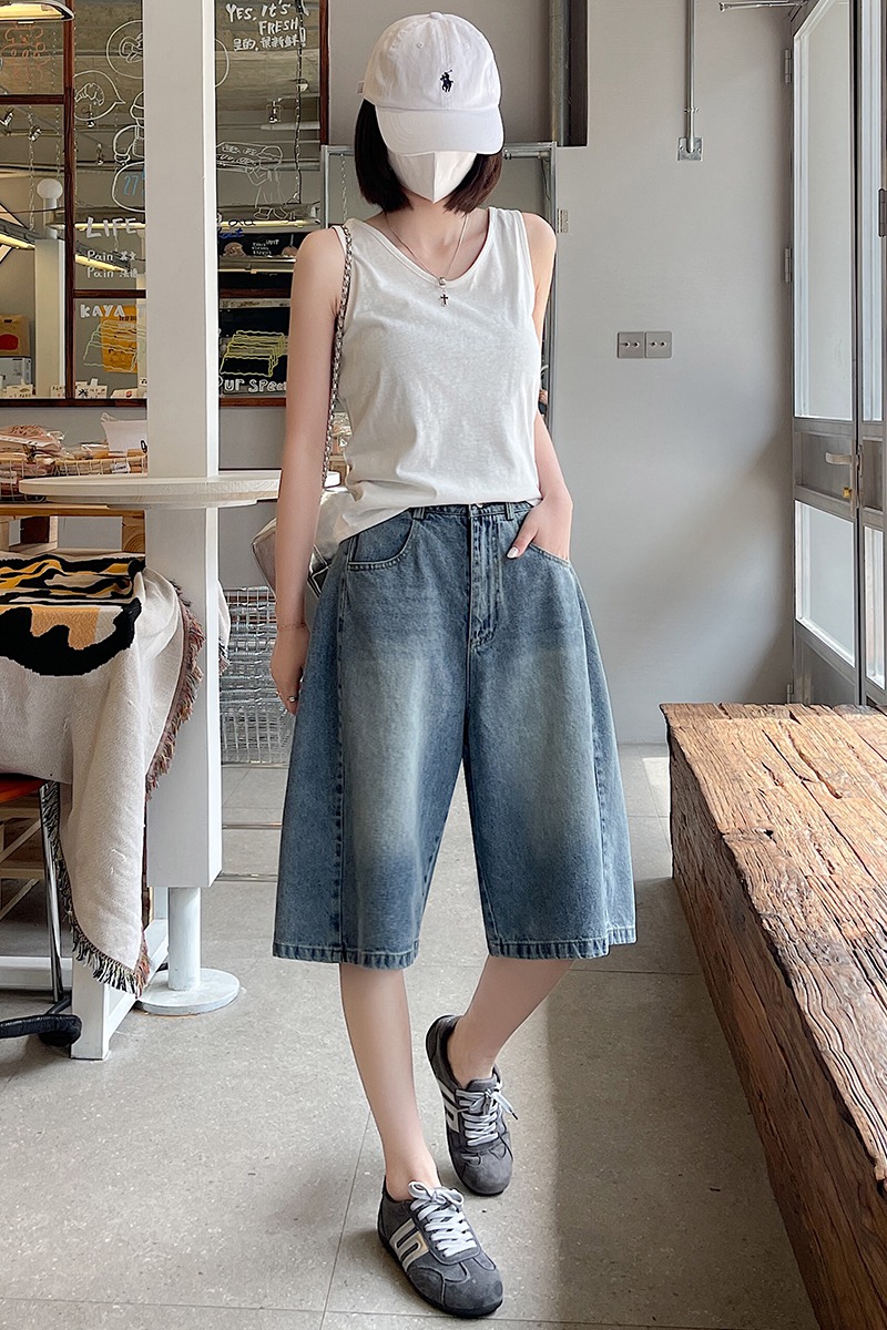 實拍牛仔中褲美式復古闊腿日常休閑五分褲男女夏寬松直筒短褲女