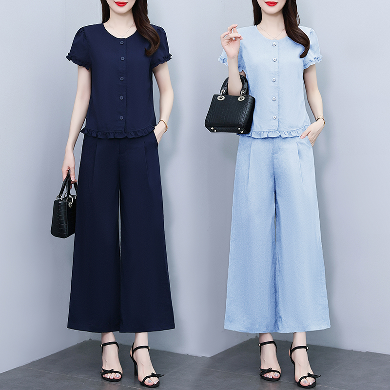MY12336# 时尚套装女夏季新款洋气质显瘦圆领短袖上衣阔腿裤休闲减龄两件套女裝貨源服裝批發