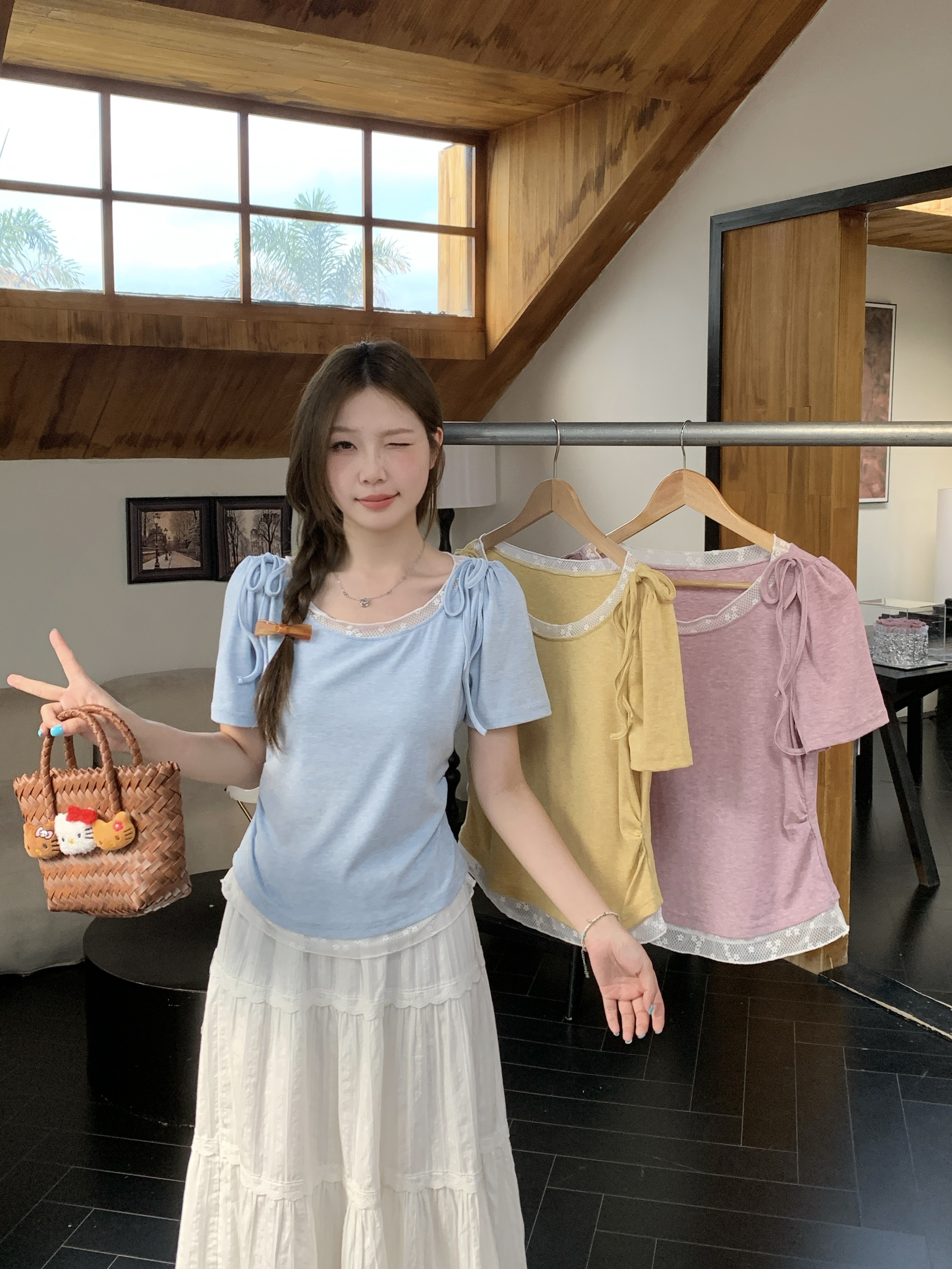 MY7445# 夏季新款胖mm大码蕾丝拼接收腰显瘦短袖T恤纯欲甜美上衣女裝貨源服裝批發